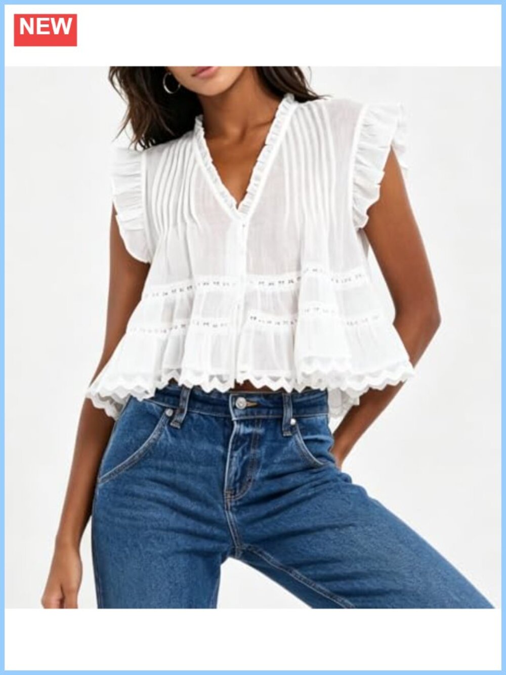 Semi Sheer Babydoll Tank Top, Ruffle V-Neck Boho Eyelet Peplum Blouse - Picture 5 of 5